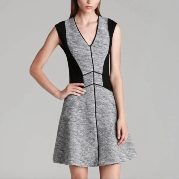 Rebecca Taylor Gray Knit Black Panel Flare Dress 2 Skater Flare Color block - Picture 1 of 7
